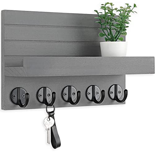Decorative Wall Key Holder and Mail Organizer with Shelf for Bags and Coats - Paulownia Wood Key Hanger (9.8”W x 6.7”H