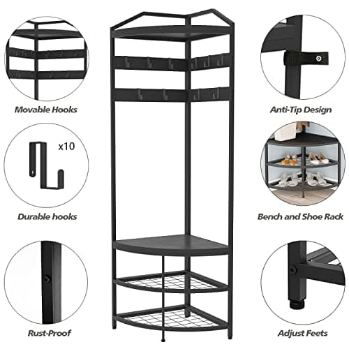 GiftGo Modern Black Entryway Corner Hall Tree with Shoe Bench for Home Office Bedroom