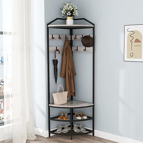 GiftGo Modern Black Entryway Corner Hall Tree with Shoe Bench for Home Office Bedroom