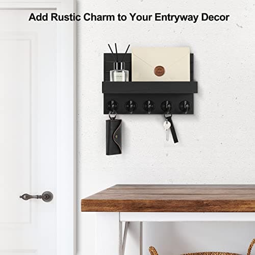 Decorative Wall Key Holder and Mail Organizer with Shelf for Bags and Coats - Paulownia Wood Key Hanger (9.8”W x 6.7”H