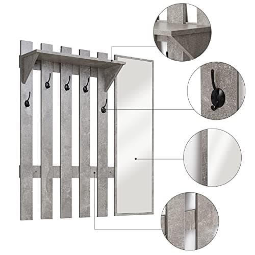 Modern Grey 39.4" Wall Mount Coat Rack with Mirror and 5 Hooks for Hallway and Entryway (Storage Included)