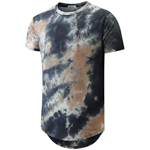 KLIEGOU Mens Hip Hop Tie-Dyed Hipster Curve Hem T-Shirt for Casual Wear Featuring Comfortable Fit and Unique Design in S