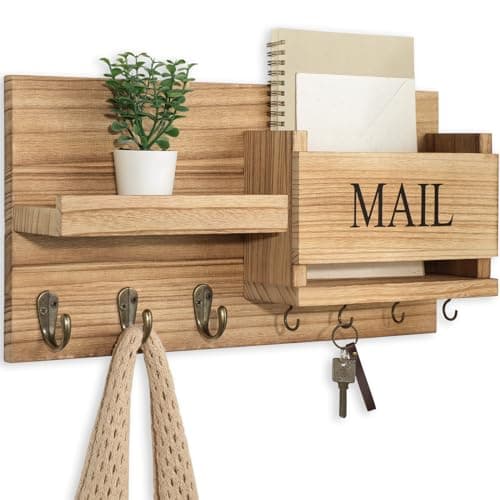 Wall Mount Mail Organizer with Key Holder & Shelf - Farmhouse Decor for Hallway (16.5" x 9.1" x |4") (Rustic Wood, Blac