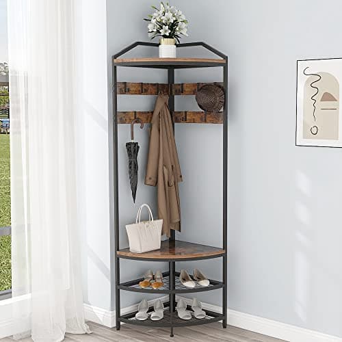 GiftGo Modern Black Entryway Corner Hall Tree with Shoe Bench for Home Office Bedroom