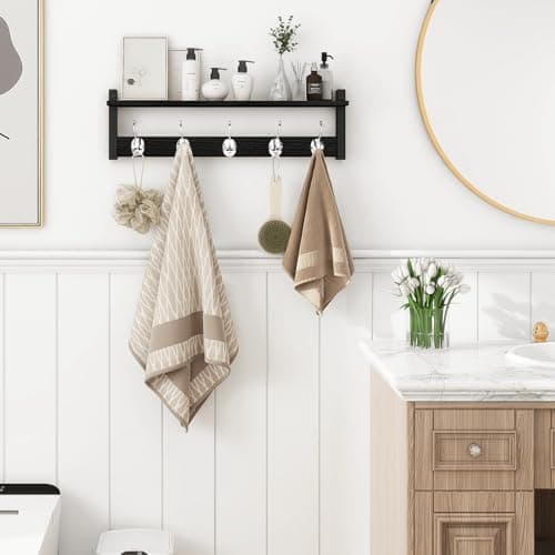 Homode Black Wall Mount Coat Rack with Shelf, 24" Long Entryway Organizer, Wooden Hooks for Hats, Towels, Clothes