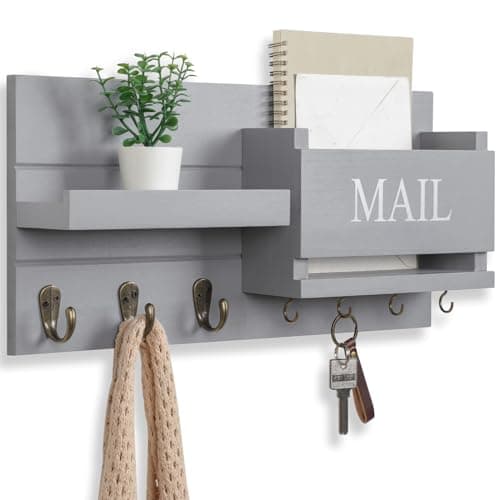 Wall Mount Mail Organizer with Key Holder & Shelf - Farmhouse Decor for Hallway (16.5" x 9.1" x |4") (Rustic Wood, Blac