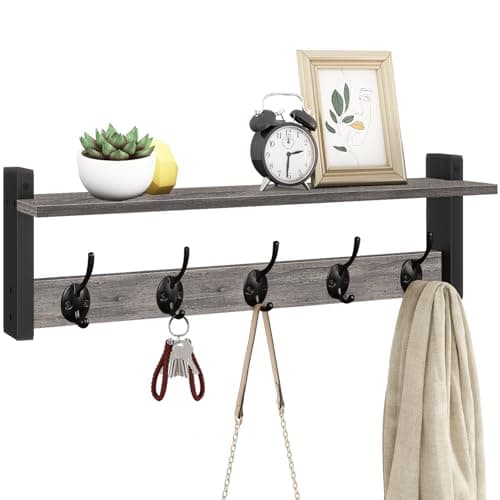 Homode Black Wall Mount Coat Rack with Shelf, 24" Long Entryway Organizer, Wooden Hooks for Hats, Towels, Clothes