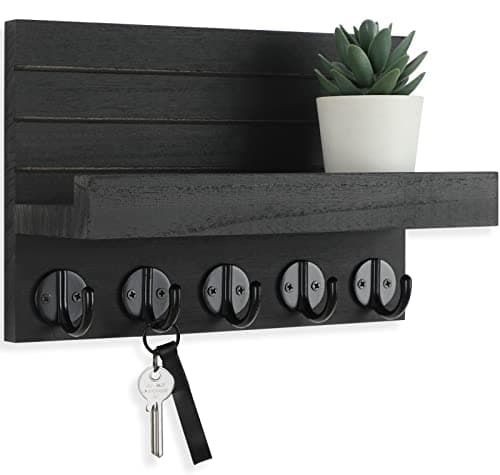 Decorative Wall Key Holder and Mail Organizer with Shelf for Bags and Coats - Paulownia Wood Key Hanger (9.8”W x 6.7”H
