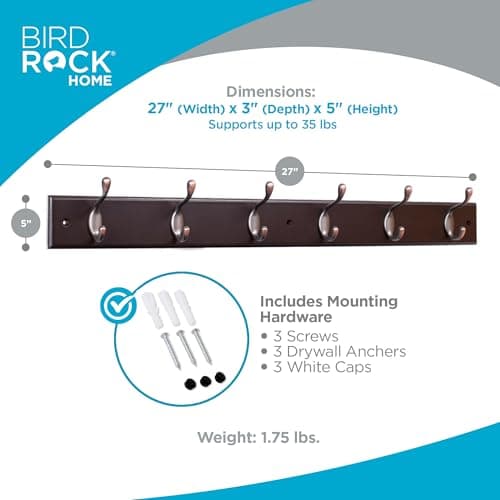 BIRDROCK HOME Dark Brown Hook Coat Rack for Entryway Foyer Hallway - 6 Dual Hanging Hooks 27" Oil Rubbed Bronze