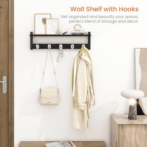 Homode Black Wall Mount Coat Rack with Shelf, 24" Long Entryway Organizer, Wooden Hooks for Hats, Towels, Clothes