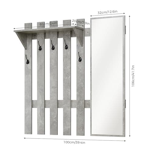 Modern Grey 39.4" Wall Mount Coat Rack with Mirror and 5 Hooks for Hallway and Entryway (Storage Included)