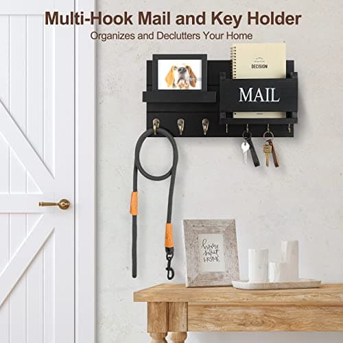 Wall Mount Mail Organizer with Key Holder & Shelf - Farmhouse Decor for Hallway (16.5" x 9.1" x |4") (Rustic Wood, Blac