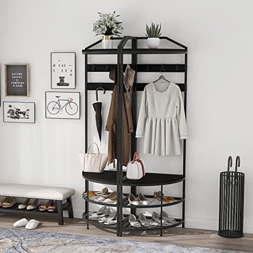 GiftGo Modern Black Entryway Corner Hall Tree with Shoe Bench for Home Office Bedroom
