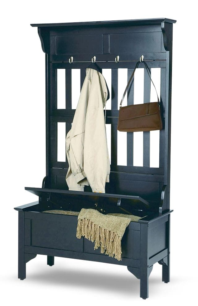Home Styles Hall Tree and Storage Bench Solid Hardwood Black Finish Safety Hinge Large Brass Hooks
| Home Styles Hall T