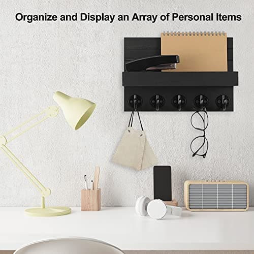 Decorative Wall Key Holder and Mail Organizer with Shelf for Bags and Coats - Paulownia Wood Key Hanger (9.8”W x 6.7”H