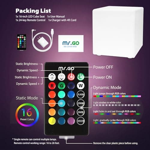 Mr.Go 16-inch Rechargeable LED Cube Chair Light for Home and Patios
| Color Changing 16-inch LED Cube Table with Remote