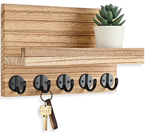 Decorative Wall Key Holder and Mail Organizer with Shelf for Bags and Coats - Paulownia Wood Key Hanger (9.8”W x 6.7”H