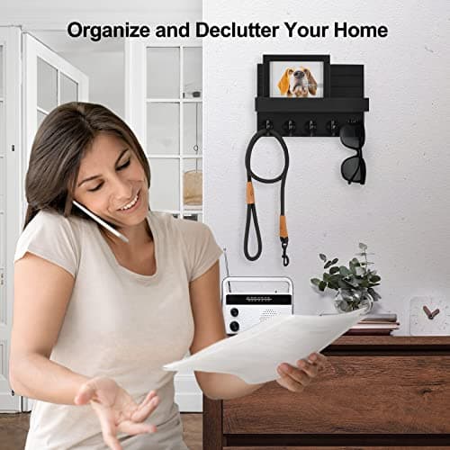 Decorative Wall Key Holder and Mail Organizer with Shelf for Bags and Coats - Paulownia Wood Key Hanger (9.8”W x 6.7”H