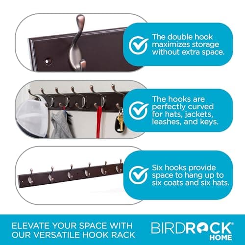 BIRDROCK HOME Dark Brown Hook Coat Rack for Entryway Foyer Hallway - 6 Dual Hanging Hooks 27" Oil Rubbed Bronze