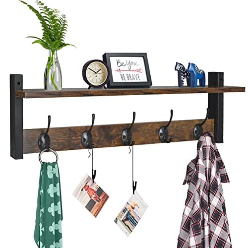 Homode Black Wall Mount Coat Rack with Shelf, 24" Long Entryway Organizer, Wooden Hooks for Hats, Towels, Clothes