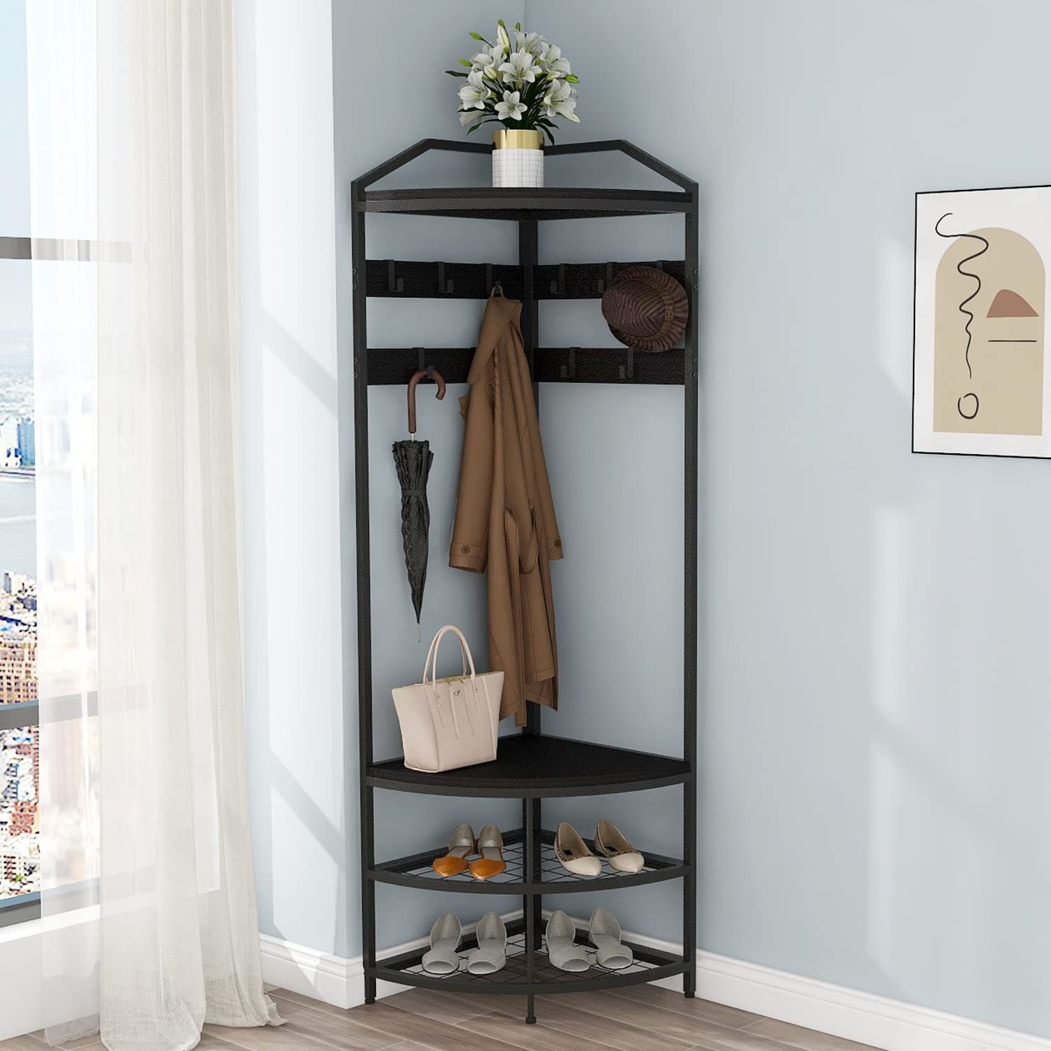 GiftGo Modern Black Entryway Corner Hall Tree with Shoe Bench for Home Office Bedroom