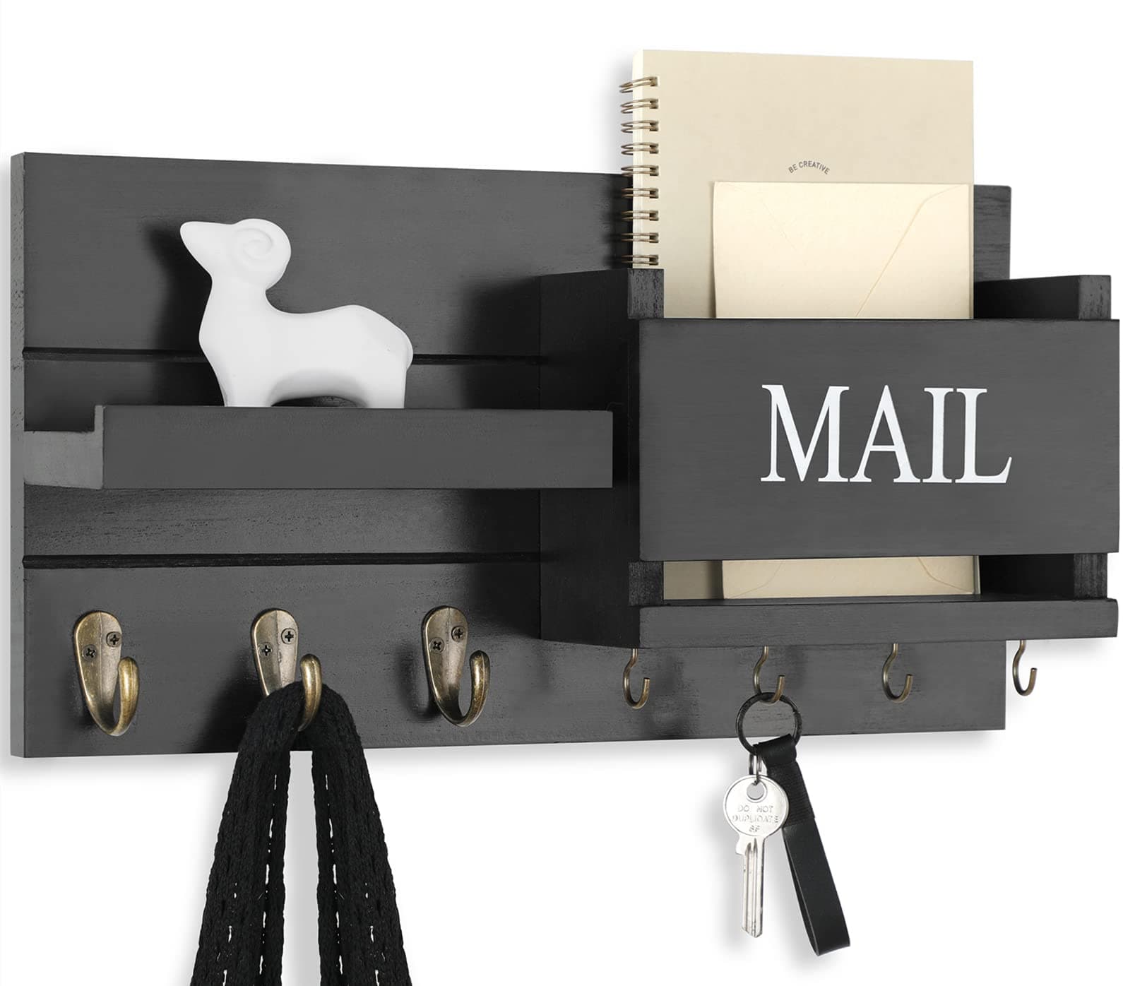 Wall Mount Mail Organizer with Key Holder & Shelf - Farmhouse Decor for Hallway (16.5" x 9.1" x |4") (Rustic Wood, Blac