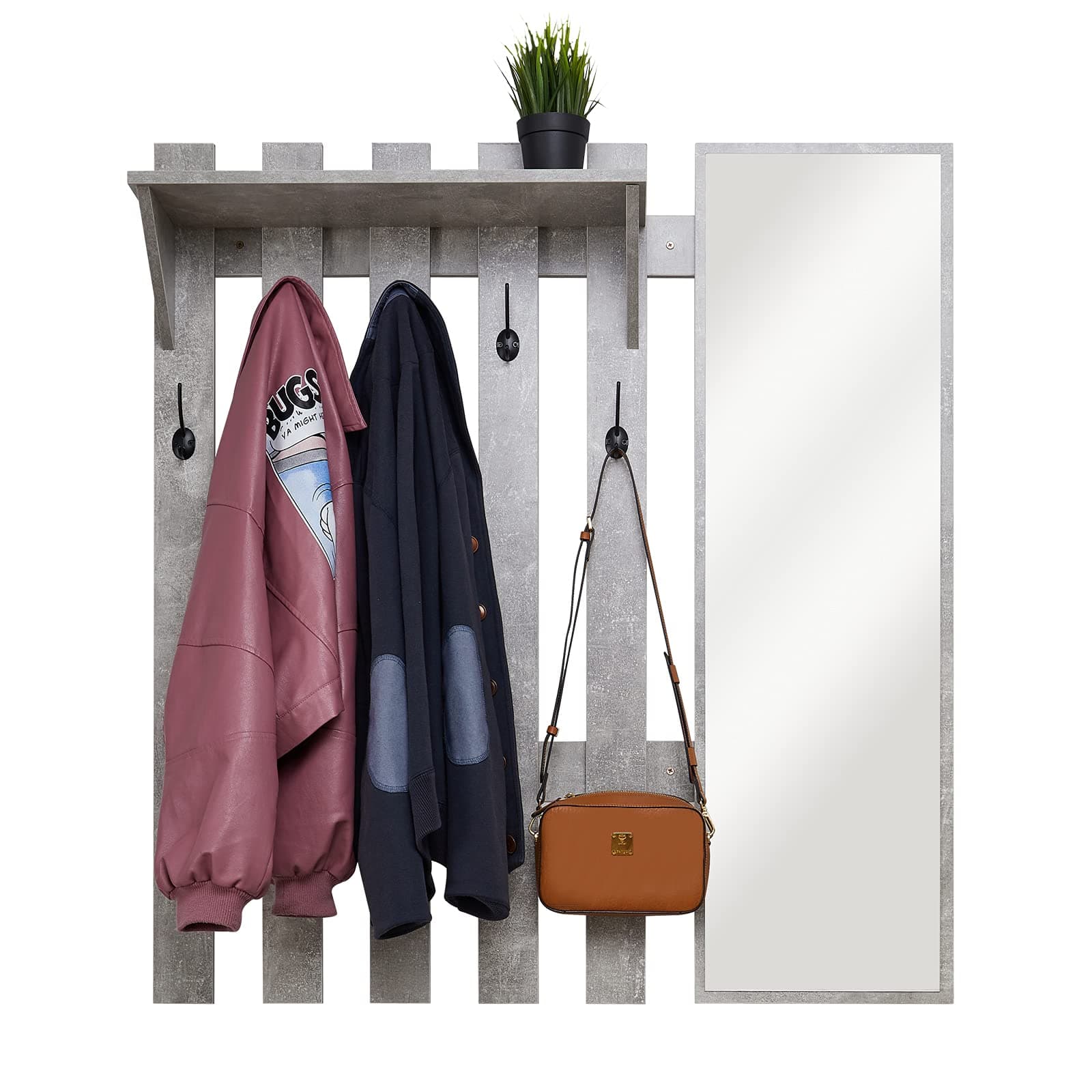 Modern Grey 39.4" Wall Mount Coat Rack with Mirror and 5 Hooks for Hallway and Entryway (Storage Included)