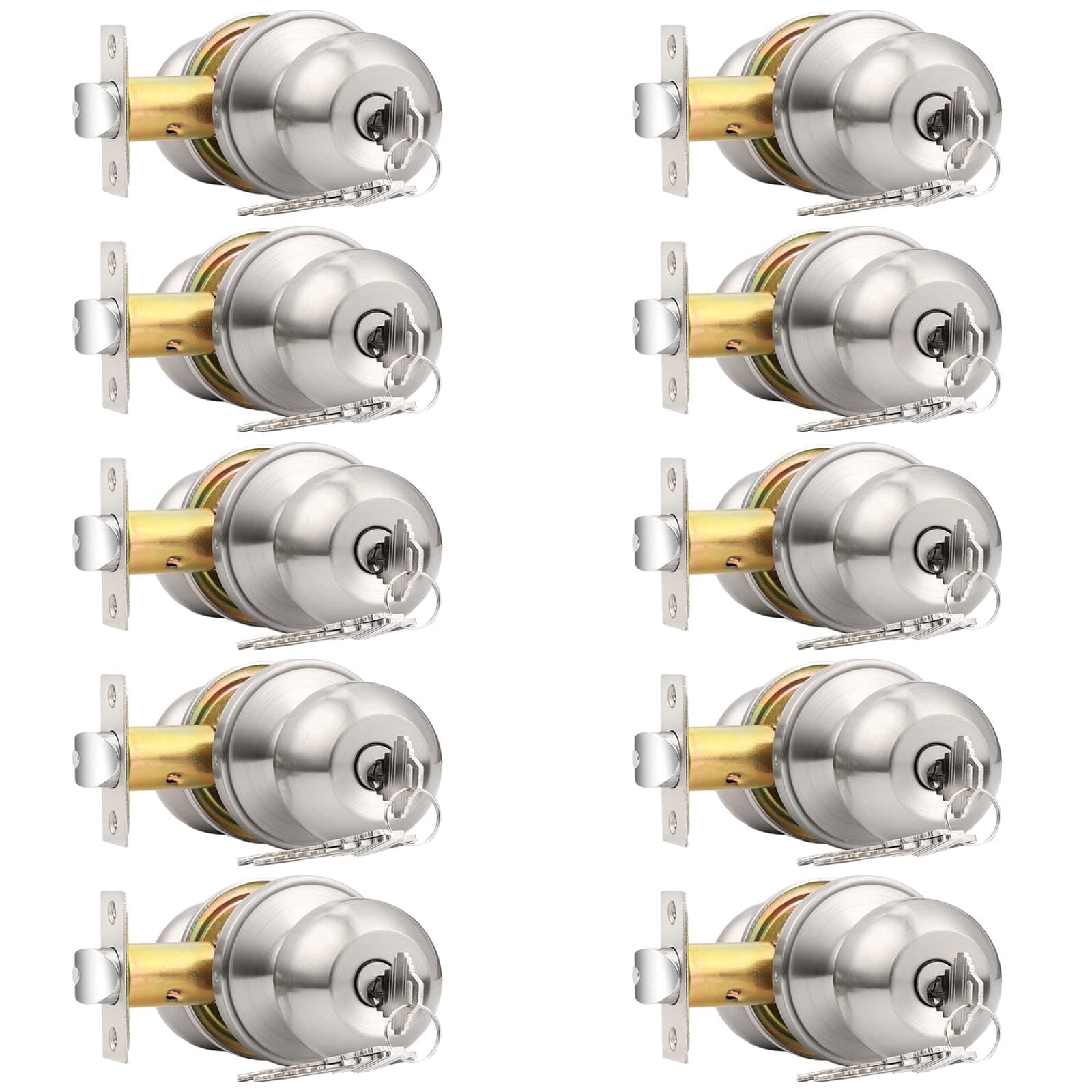 Probrico Brushed Nickel 10 Pack Keyed Alike Entry Knobs with Keys for Single Cylinder Door Lock, Ideal for Home Use